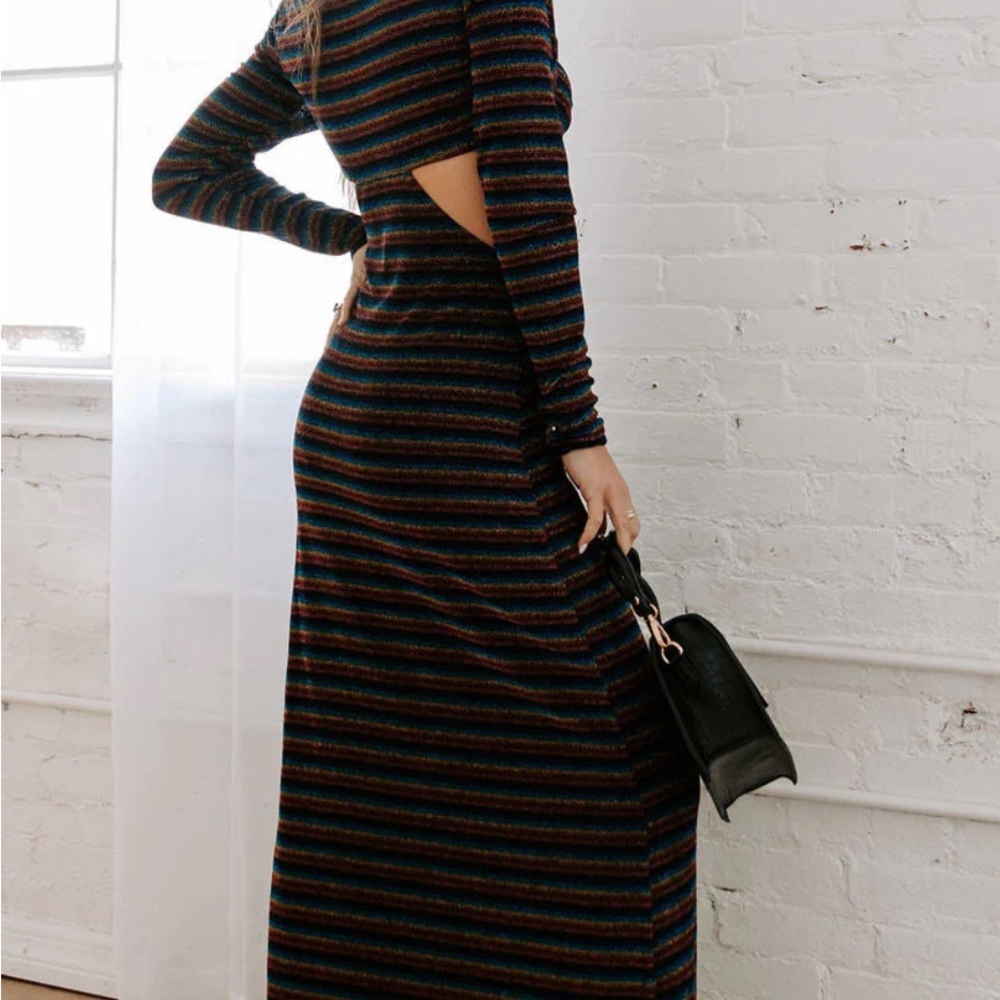 Harmoni Metallic Stripe Cutout Maxi Dress